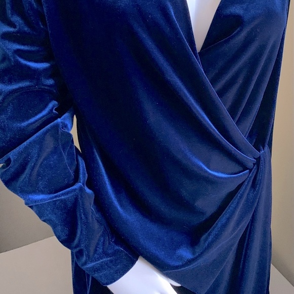 Royal blue silky velvet Dress at knee deep V neck nice drapes long sleeves US L - Picture 9 of 16